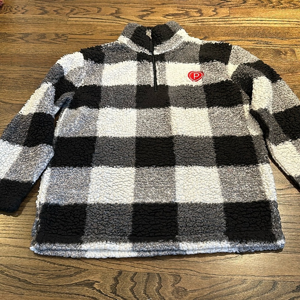Pure Barre Black, Gray & White Buffalo Check Sherpa Quarter-Zip Pullover